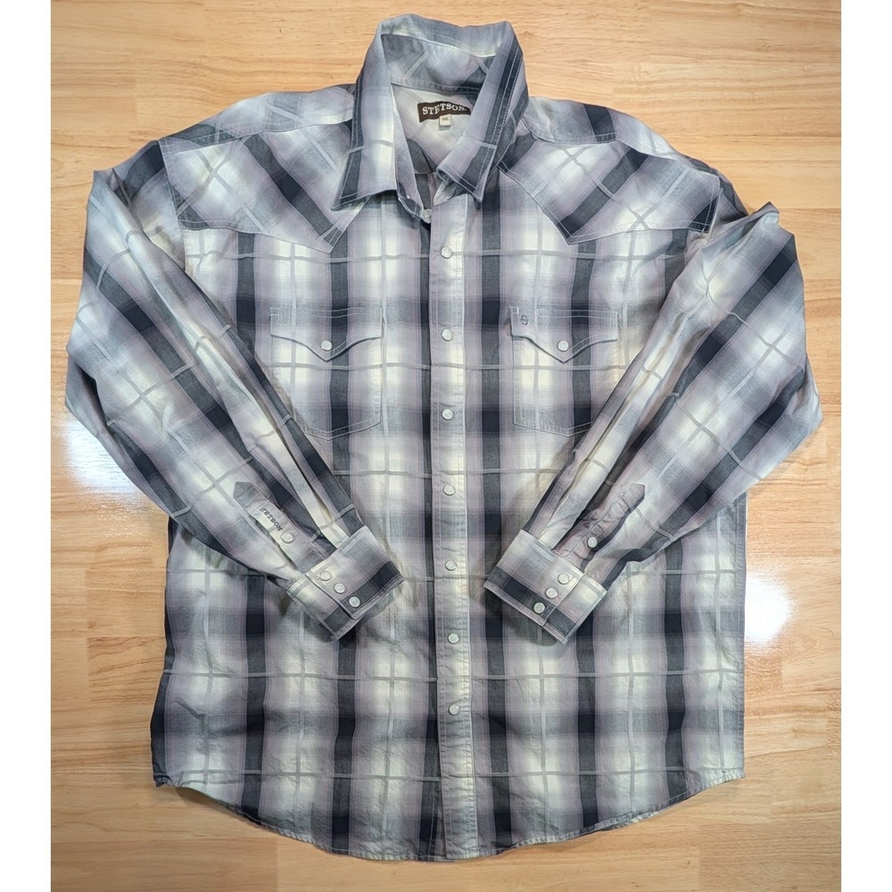 Stetson Mens 2XL Western Pearl Snap Shirt Grey Plaid Ombre Long Sleeve 0628BL